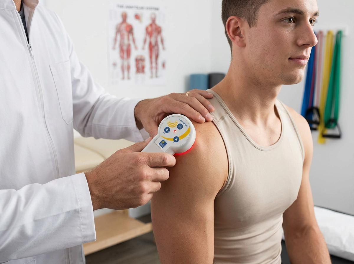 Doctor applies a handheld therapeutic device to a young man's shoulder during a medical exam.
