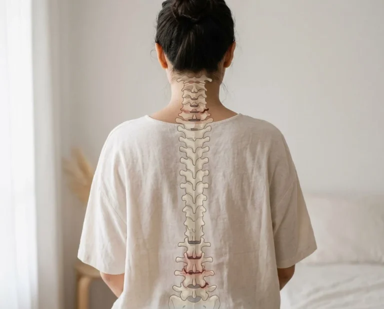Woman seen from behind with her spine highlighted, illustrating degenerative disc disease
