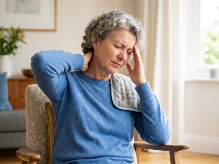 Woman holding her neck and temple with a headache that starts in the neck