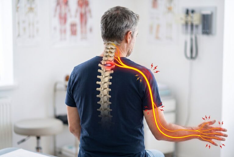 Man seen from behind with the nerve path highlighted from the neck down the arm to the hand, showing how a pinched nerve in the neck may cause arm symptoms
