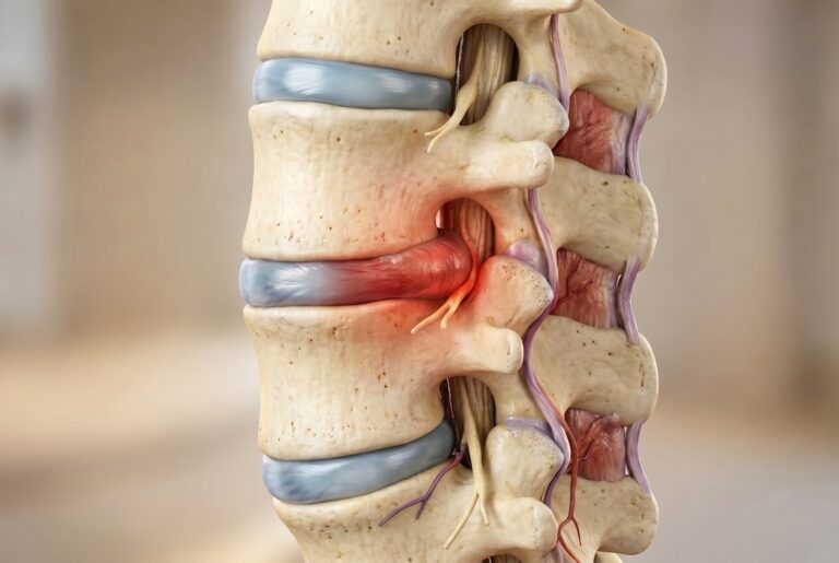 Illustration of the lumbar spine with a bulging disc pushing outward toward a spinal nerve
