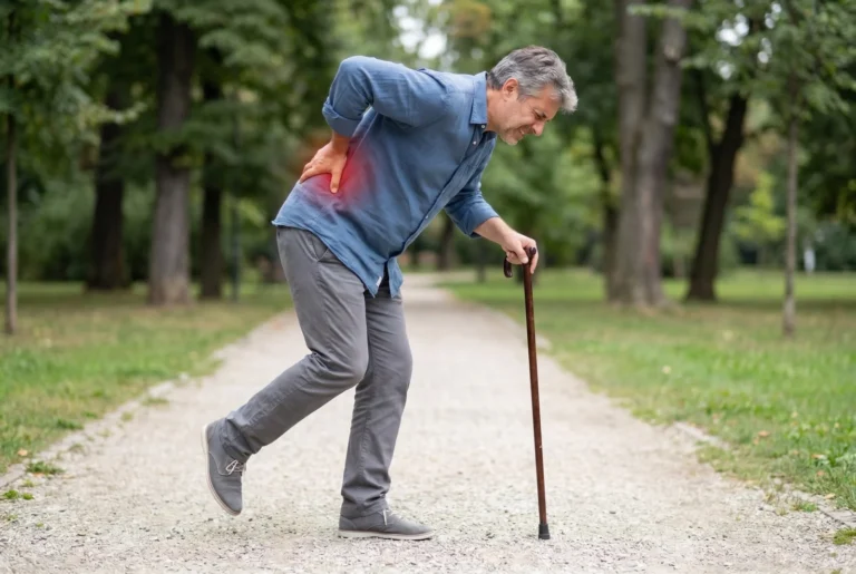 Older man walking with a cane on a park path and holding his lower back, a common sign of spinal stenosis