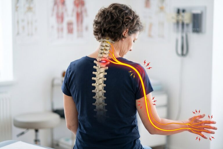 Woman seen from behind with the nerve path highlighted from the neck down the arm, showing how a bulging disc in the neck may cause arm symptoms