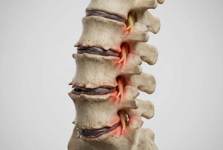 Illustration of a lumbar spine with worn, flattened discs between the vertebrae, showing degenerative disc disease