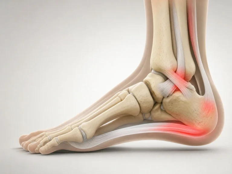 Illustration of foot and ankle anatomy with the heel, the plantar fascia under the arch and the ankle ligaments highlighted as common pain points