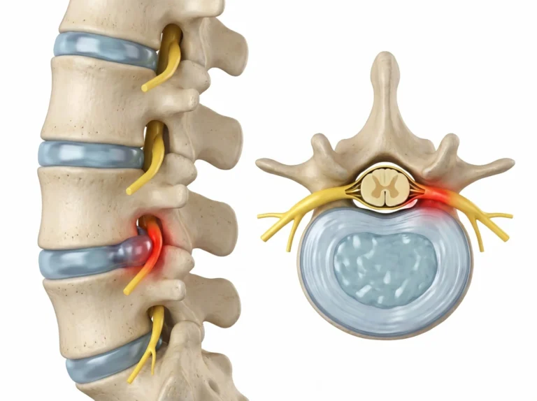 Side and top views of a lumbar spine showing a herniated disc pressing on a spinal nerve root