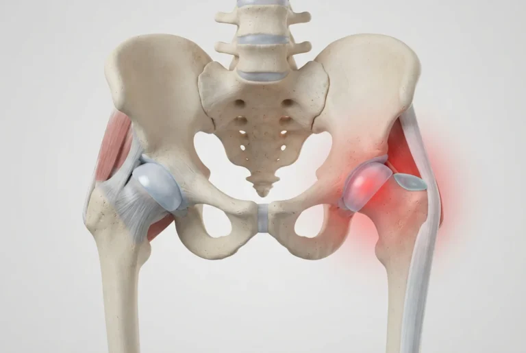 Illustration of the pelvis and hip joints from the front, with the hip joint and outer hip highlighted as common pain points