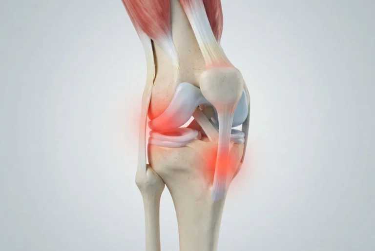 Illustration of the knee joint with the joint line and the kneecap tendon highlighted as common pain points