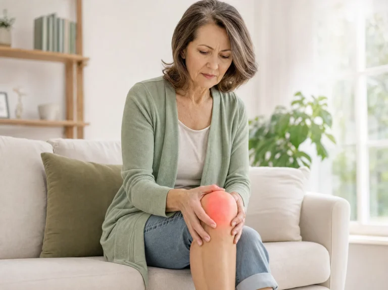 Woman sitting on a sofa holding her painful knee, showing knee pain
