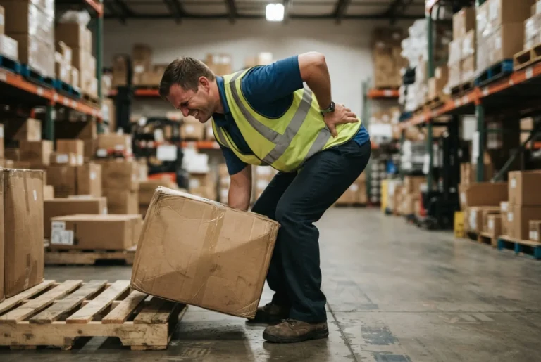 Warehouse worker in a safety vest grabbing his lower back in pain while lifting a heavy box with a rounded back