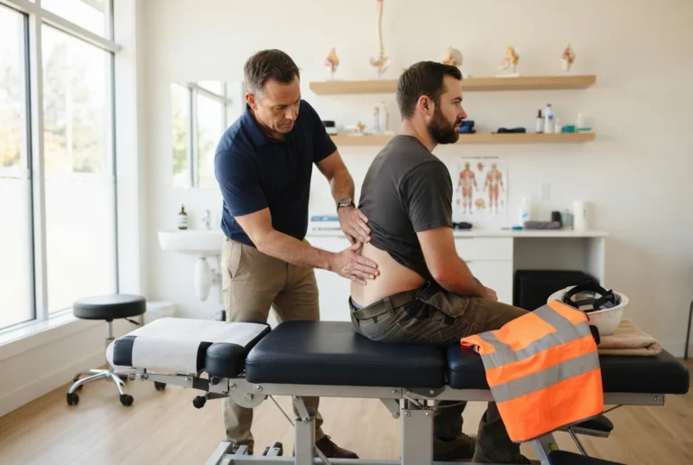 Chiropractor examining the lower back of a construction worker after a work injury at a clinic in Canton, OH